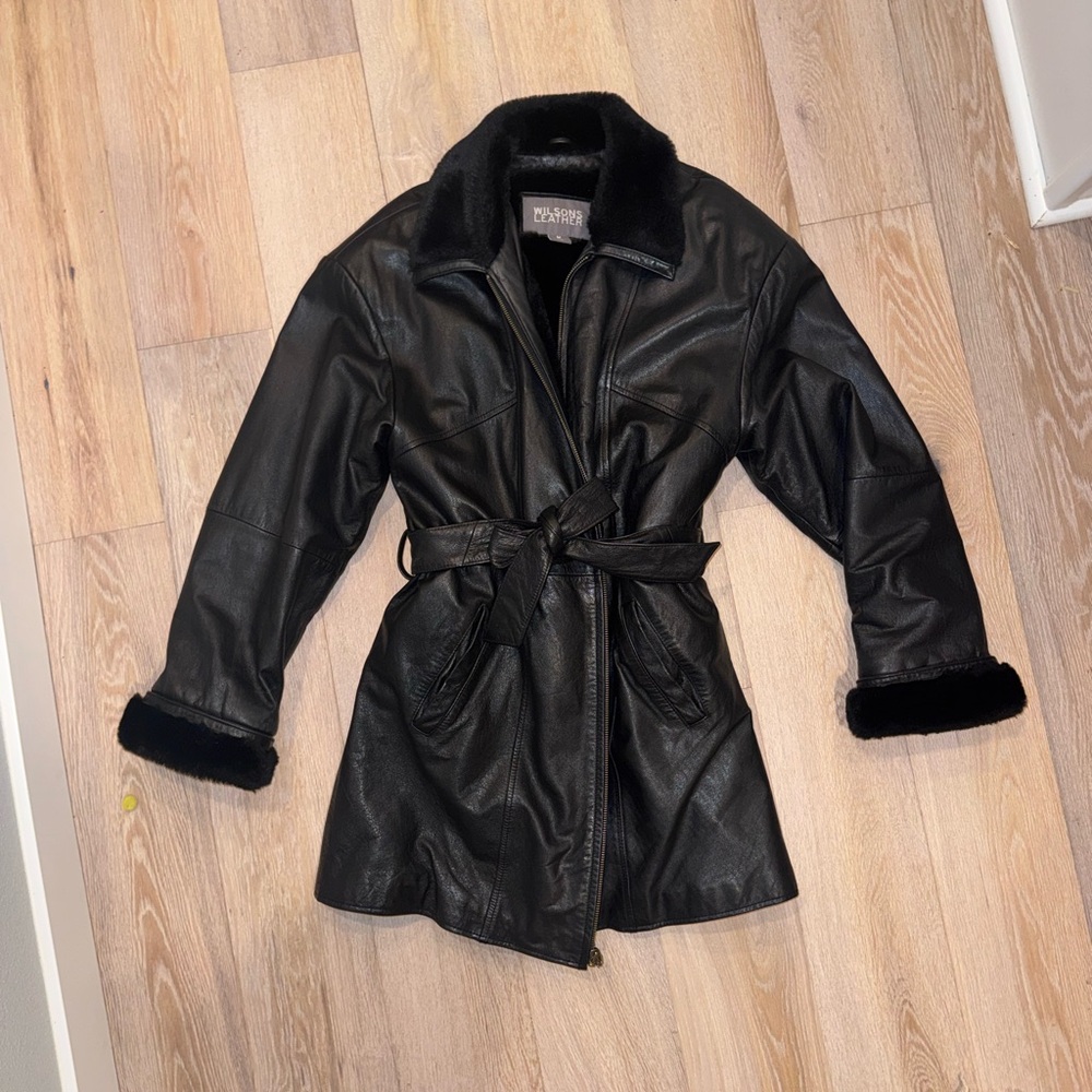 Wilsons Genuine Leather Black Belted Fur Collar Leather Jacket